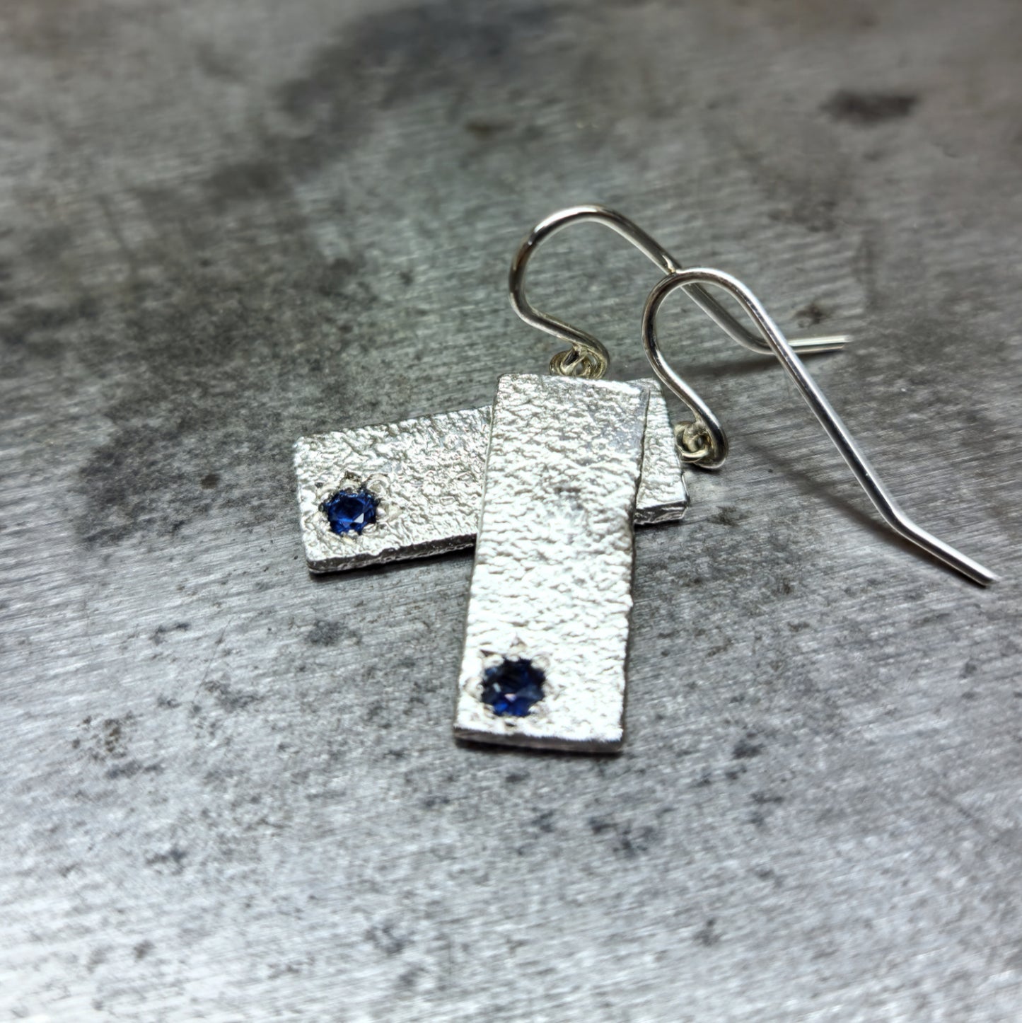 "Reticulated Blue" Sterling Silver and Sapphire Long Rectangle Earrings