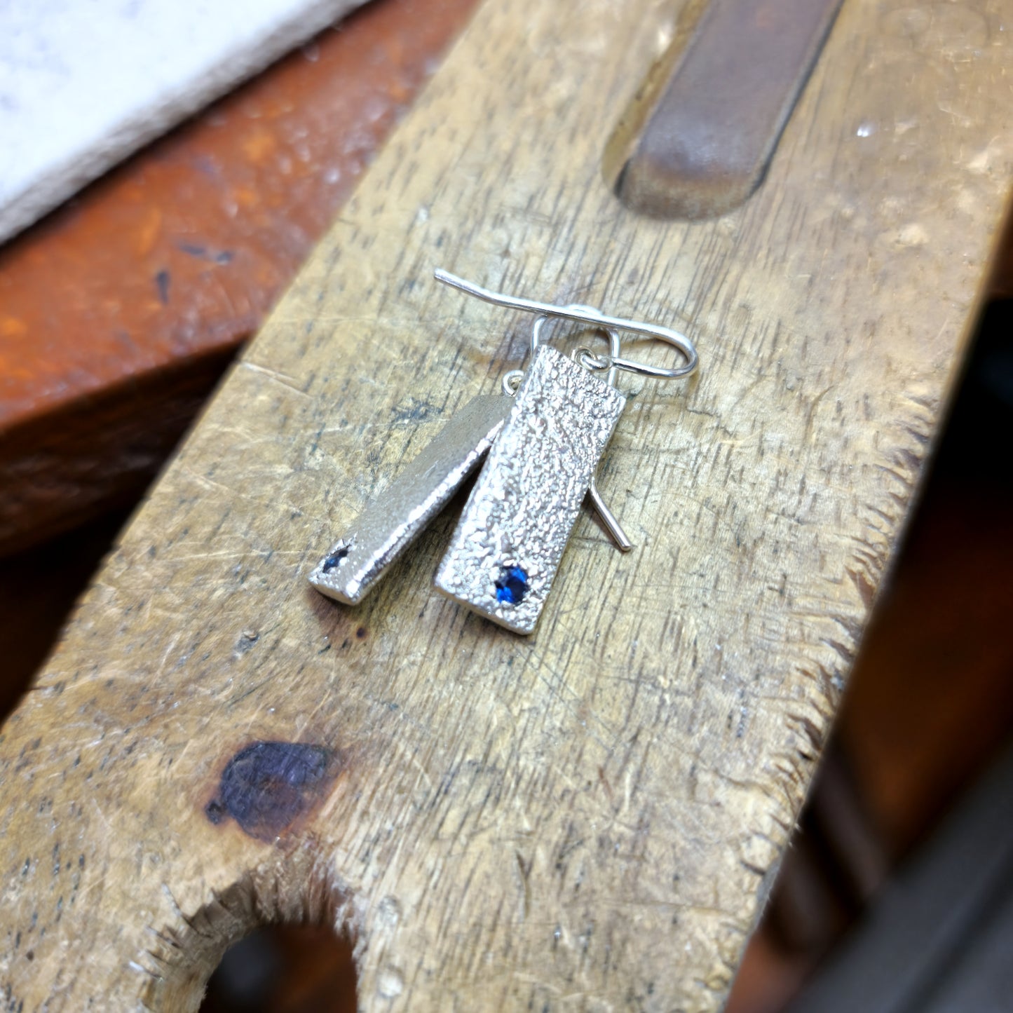 "Reticulated Blue" Sterling Silver and Sapphire Long Rectangle Earrings