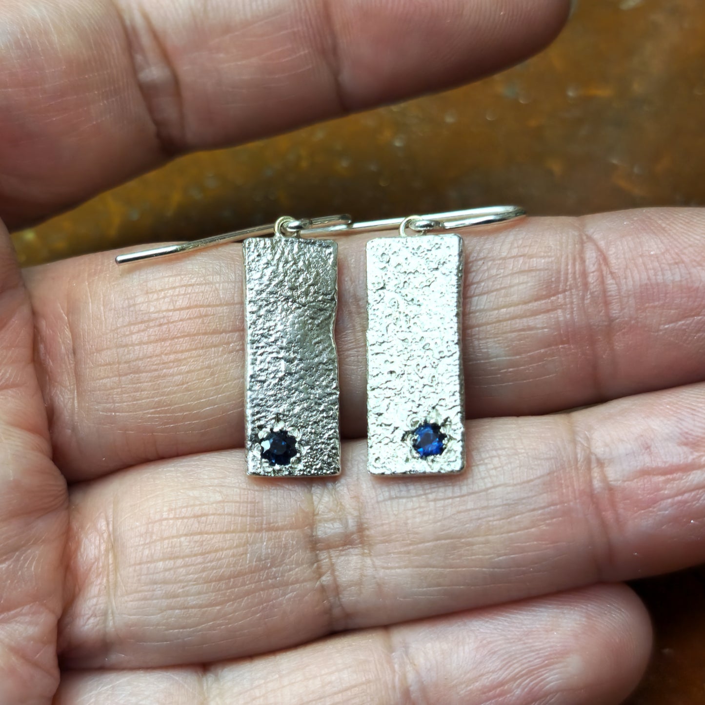 "Reticulated Blue" Sterling Silver and Sapphire Long Rectangle Earrings
