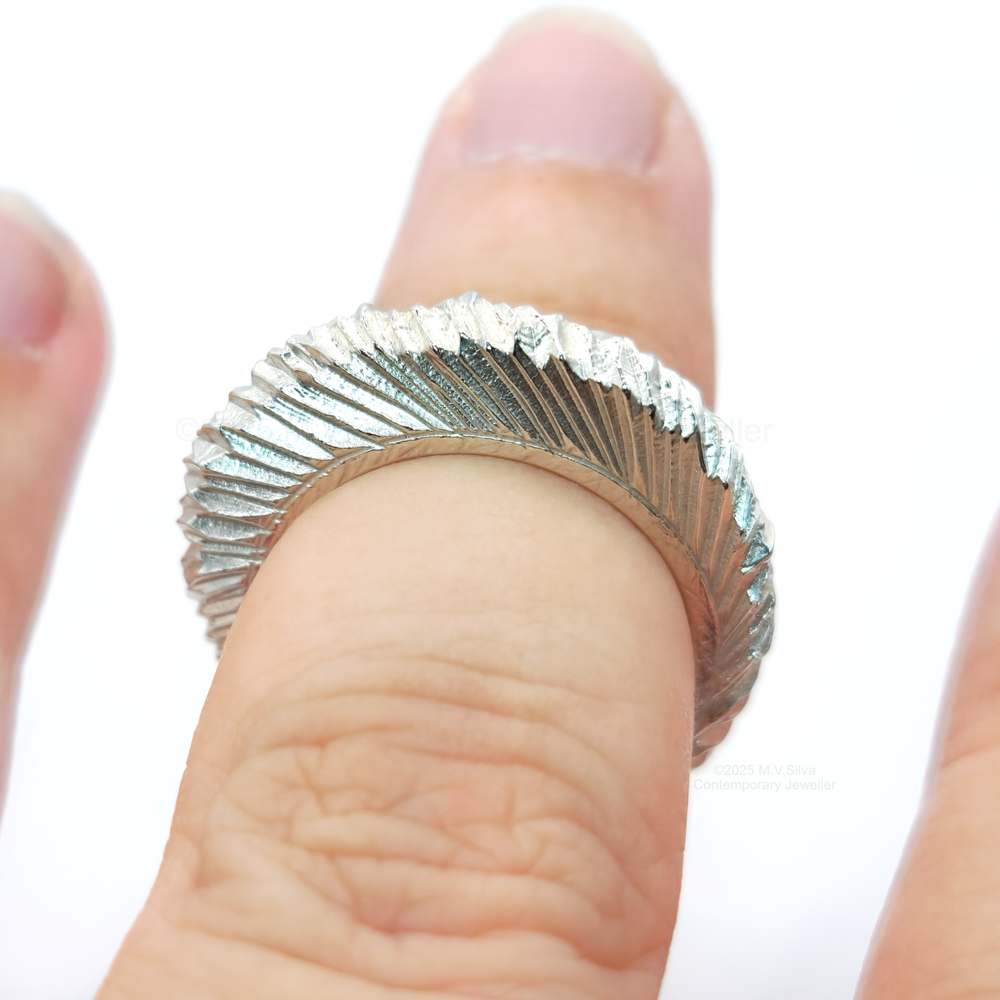 "Acicular Array" Textured Sterling Silver Statement Ring on finger