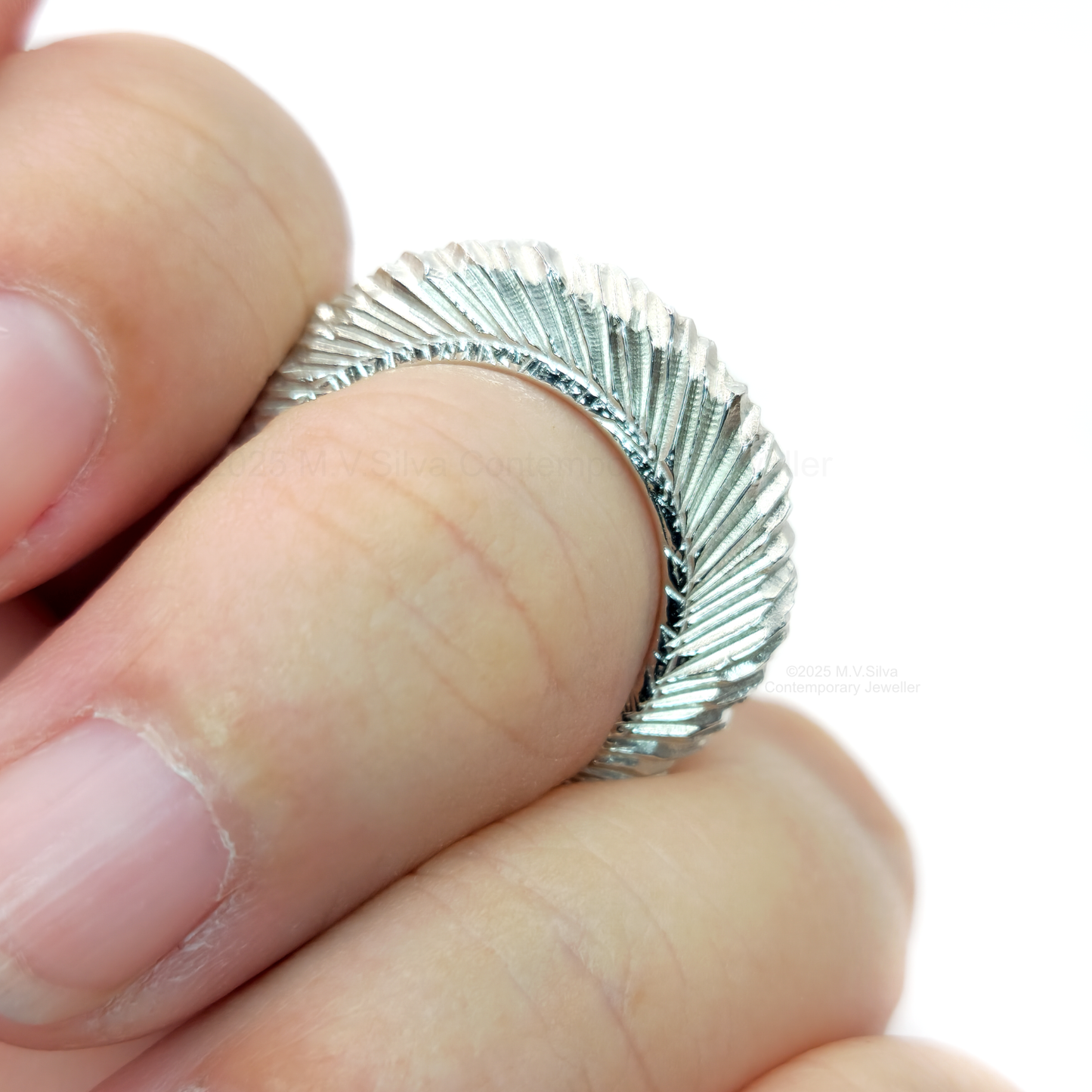 "Acicular Array" Textured Sterling Silver Statement Ring worn on finger