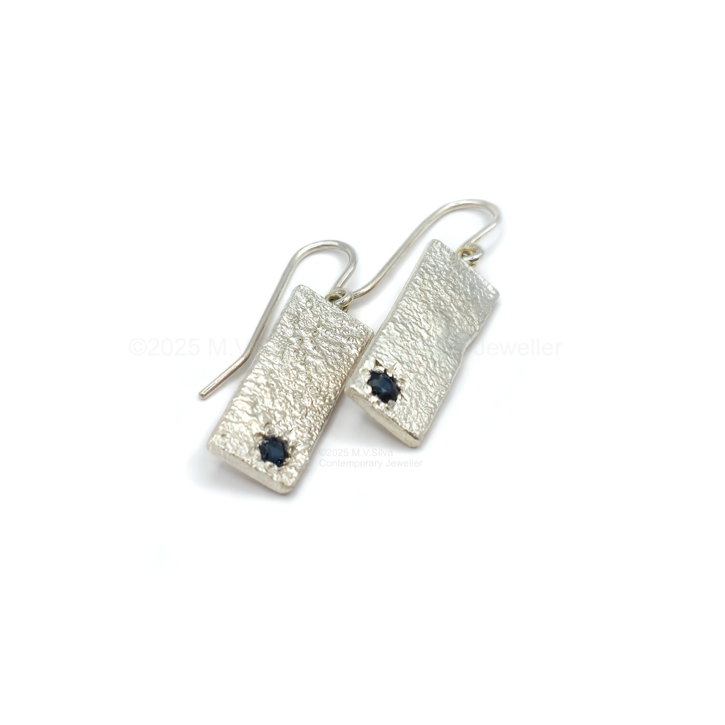 Reticulated sterling silver and sapphire rectangle earrings.