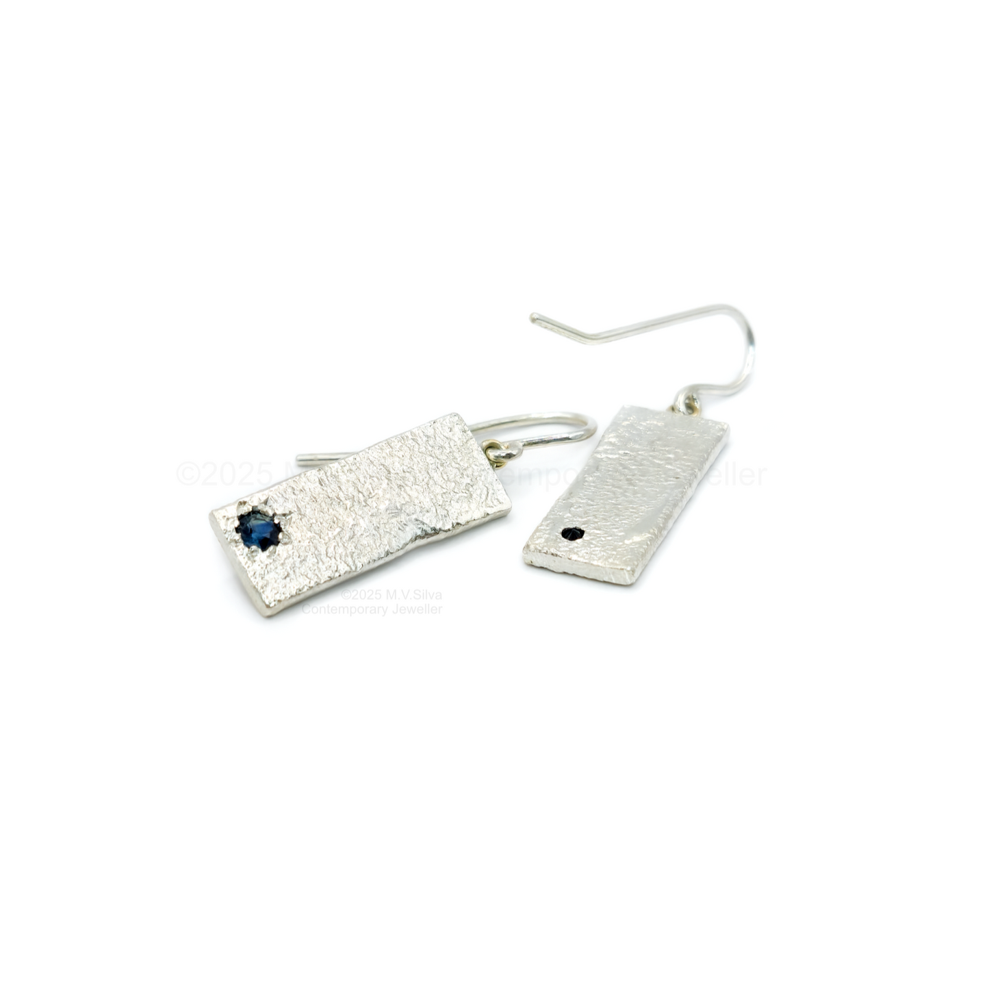 Reticulated sterling silver and sapphire rectangle earrings 7
