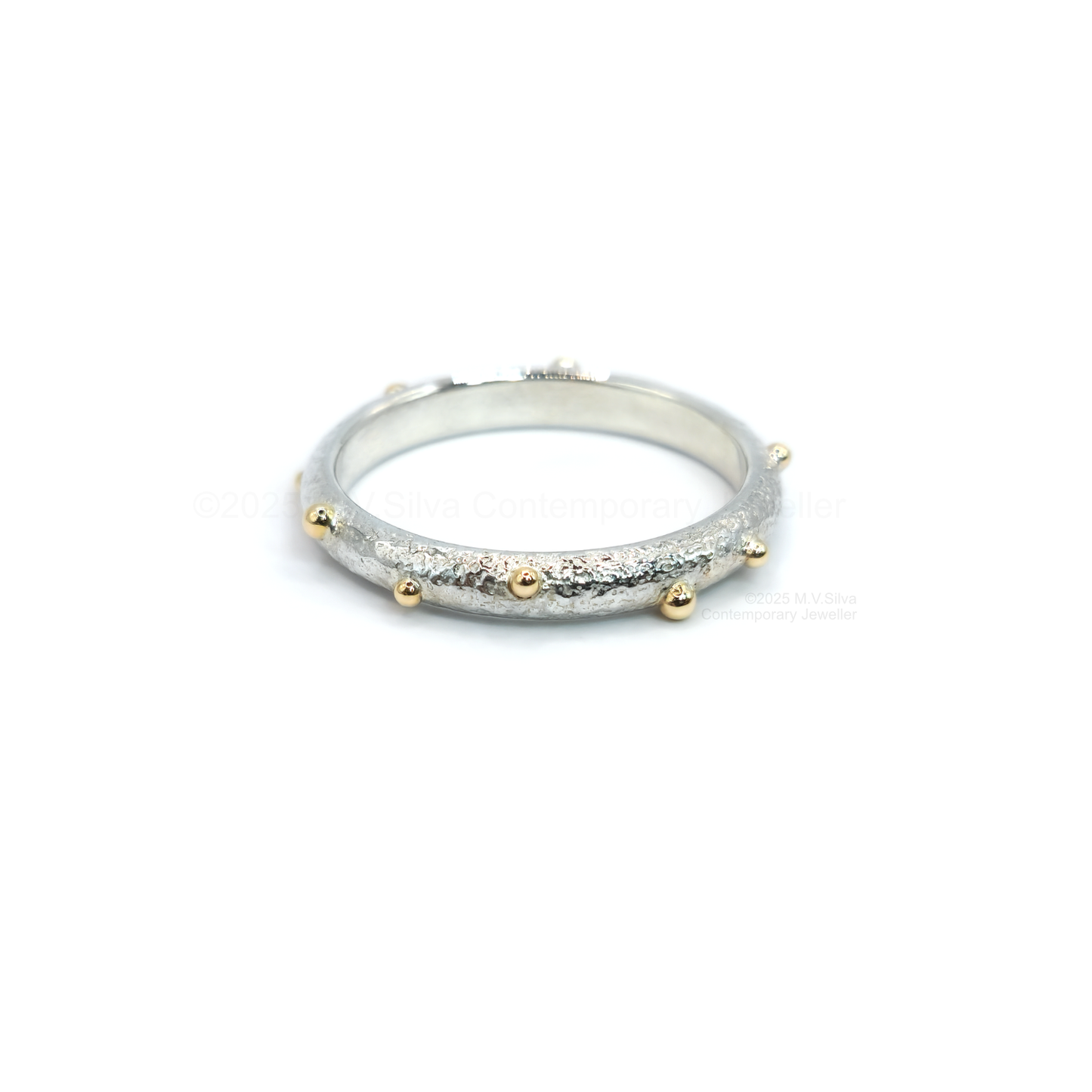 "Satellites" reticulated wedding ring with gold accents