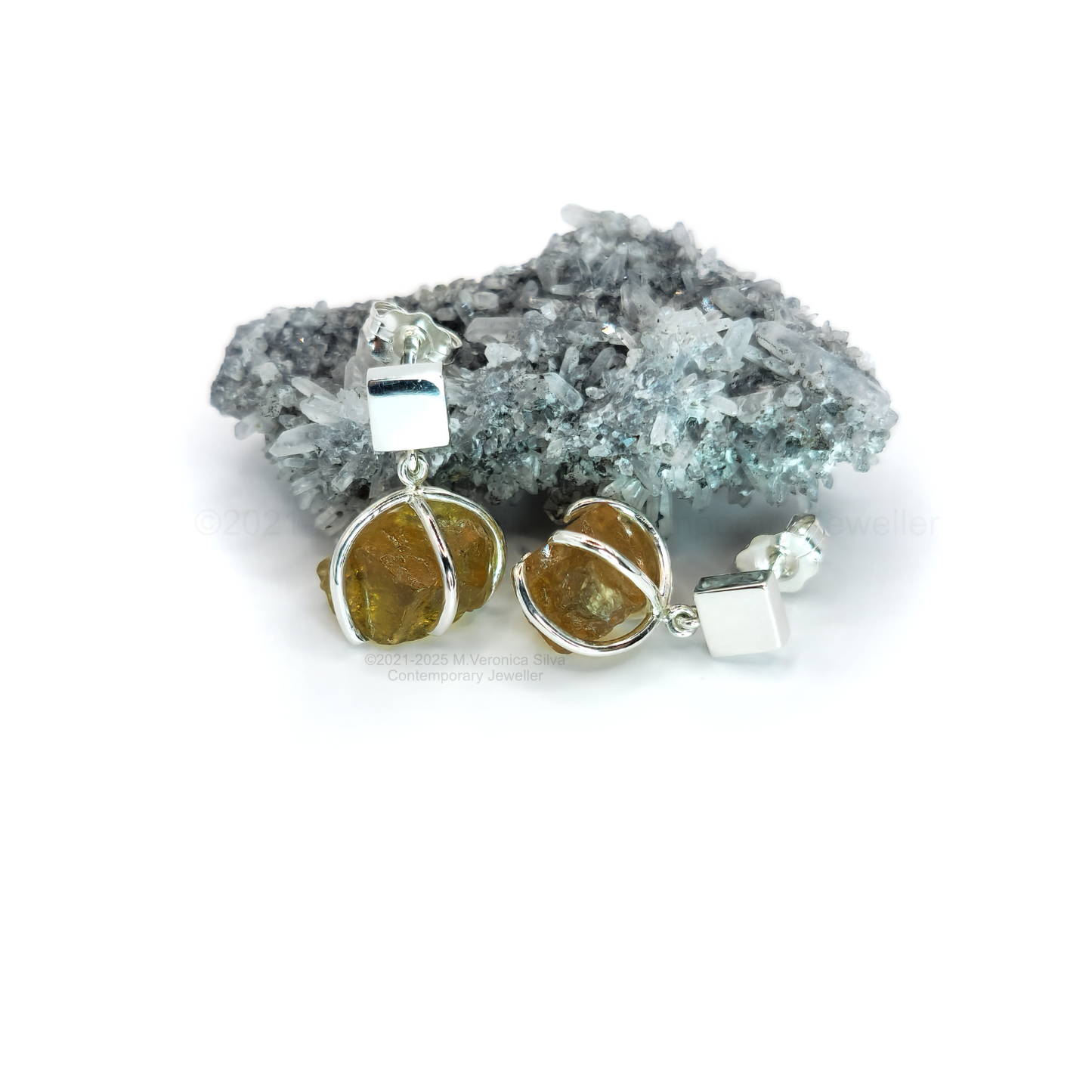 "Sunset" Earrings - Raw Golden Apatite Crystal Drop Studs