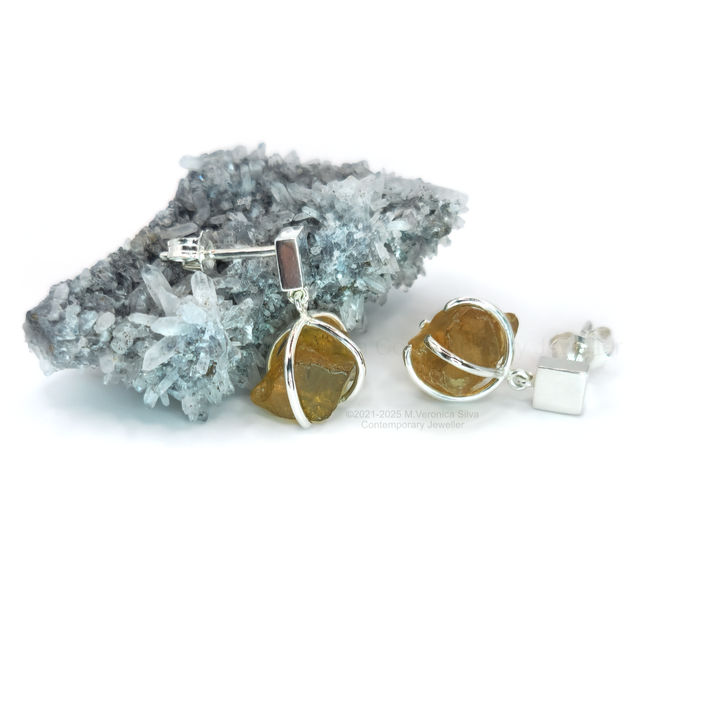 "Sunset" Earrings - Raw Golden Apatite Crystal Drop Studs