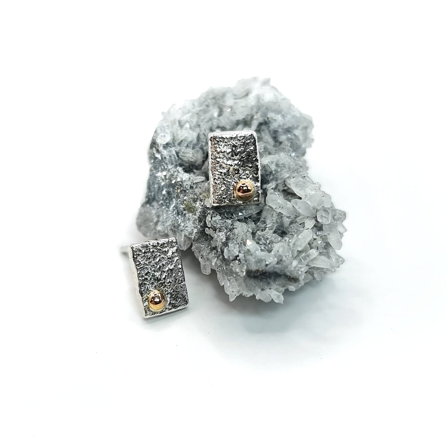 Reticulated Sterling Silver Rectangle Studs with 14K Yellow Gold Accents