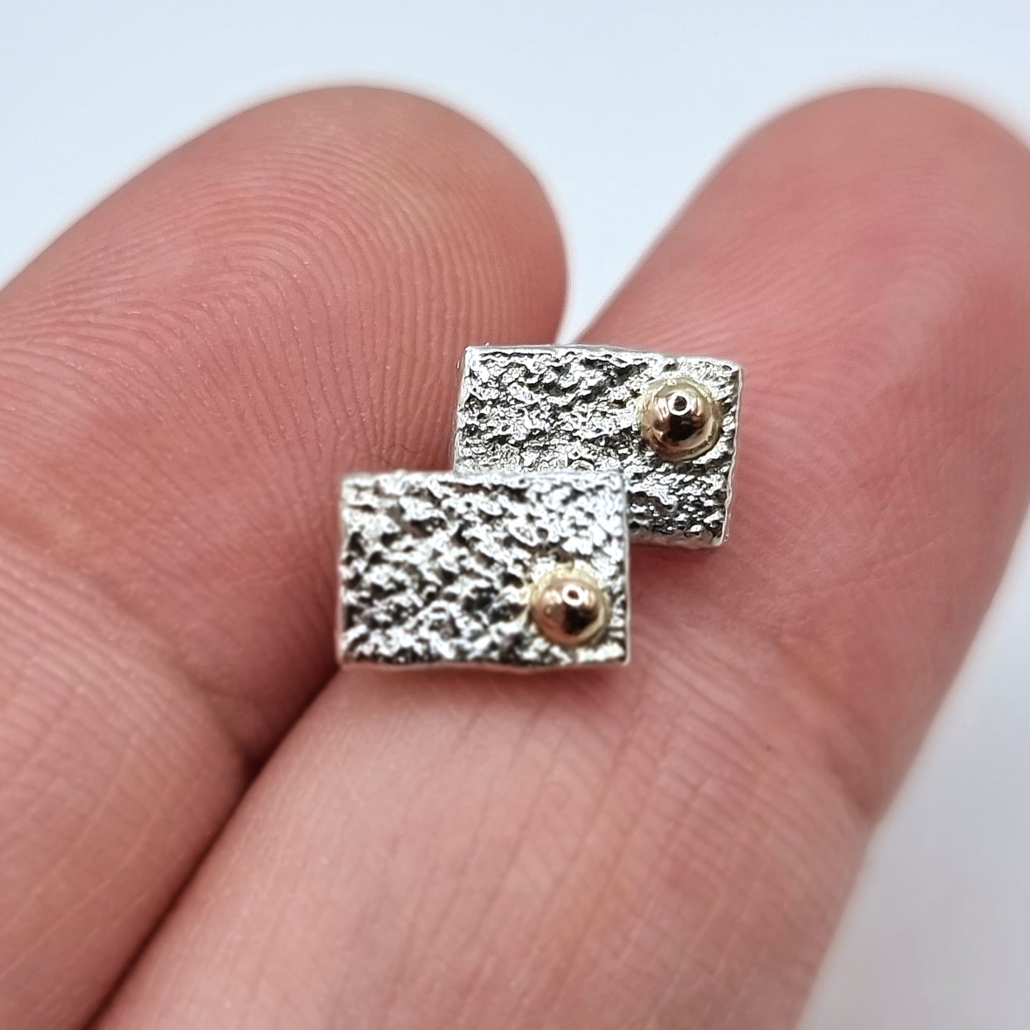 Reticulated Sterling Silver Rectangle Studs with 14K Yellow Gold Accents