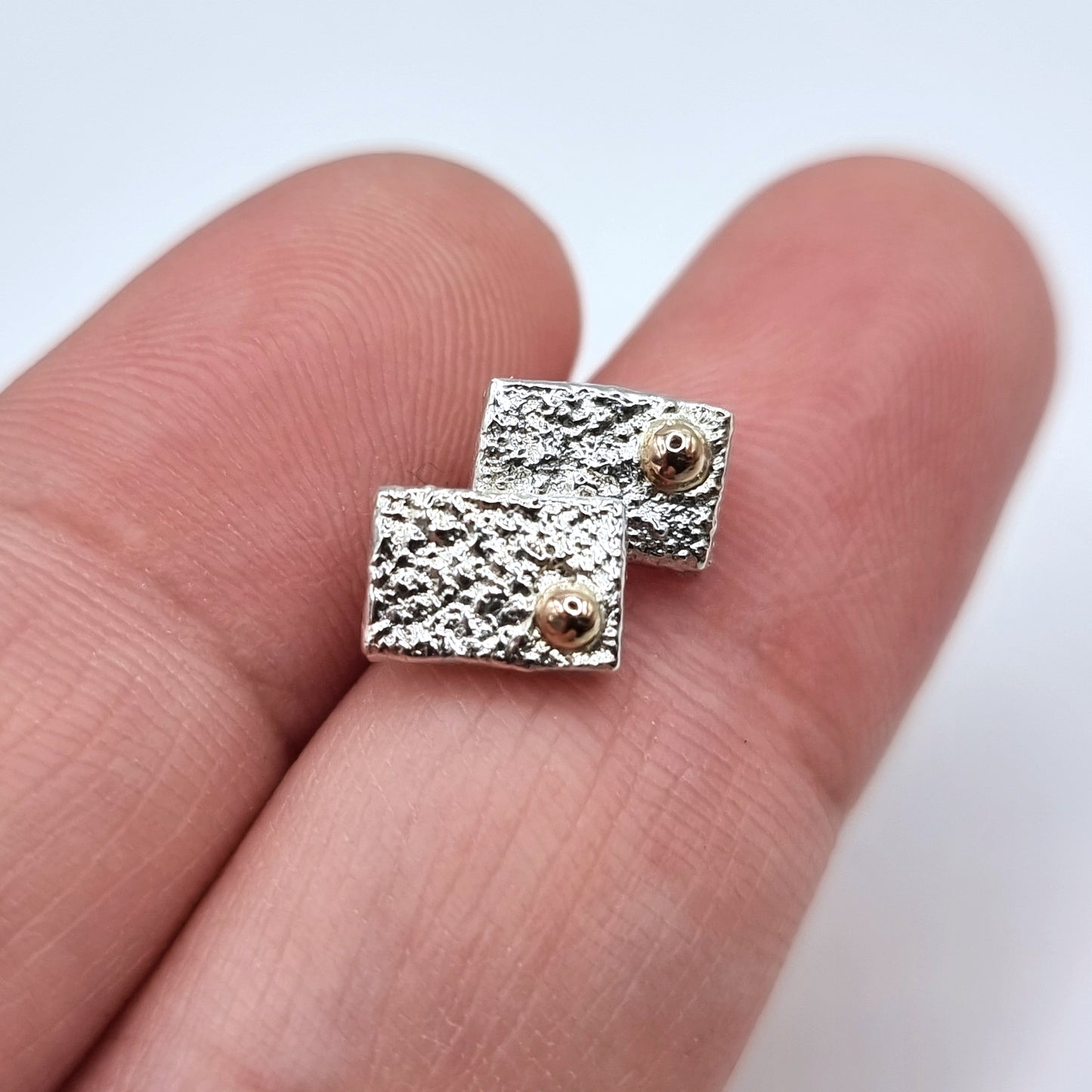 Reticulated Sterling Silver Rectangle Studs with 14K Yellow Gold Accents
