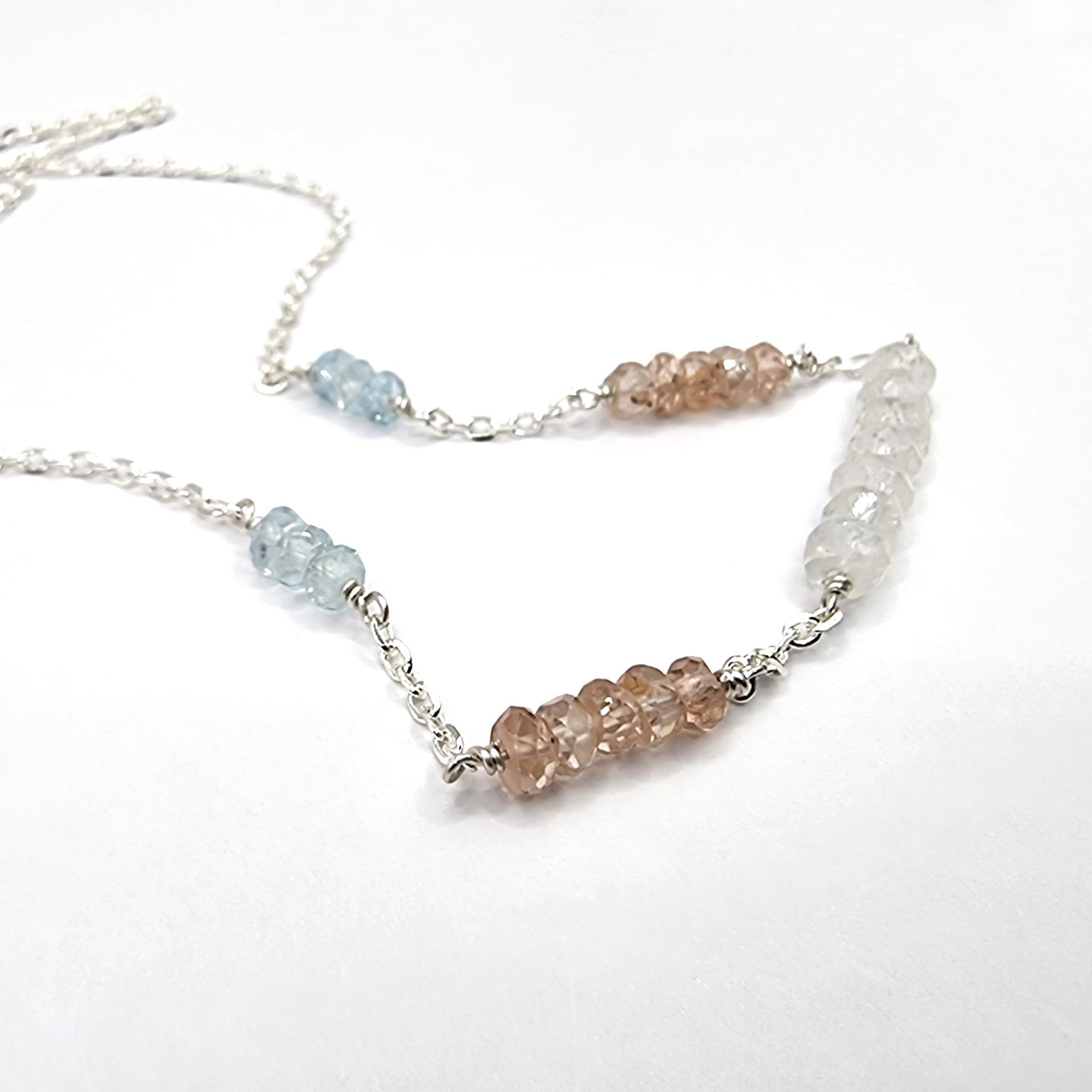 aquamarine, zircon and moonstone sterling silver chain necklace