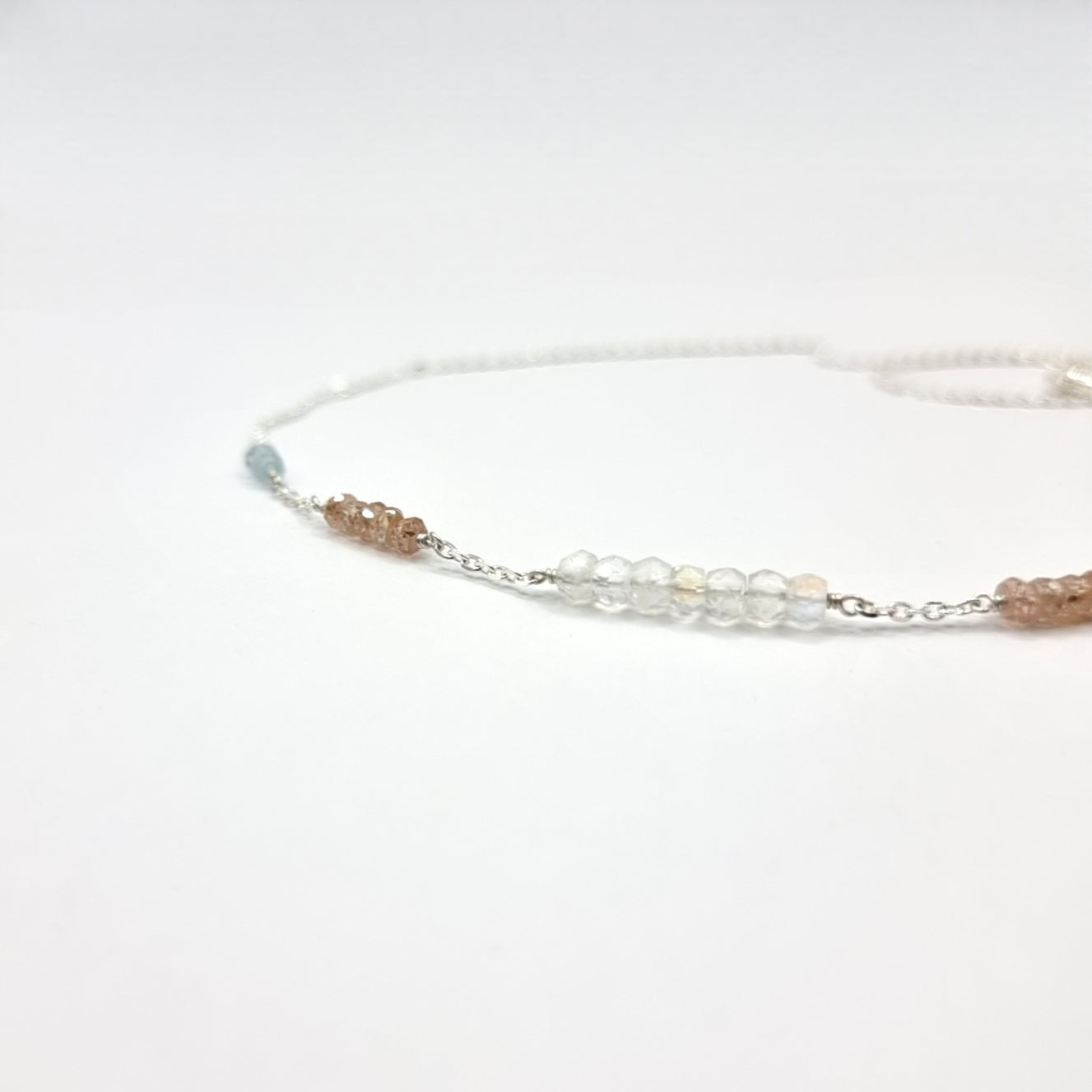 aquamarine, zircon and moonstone sterling silver chain necklace detail