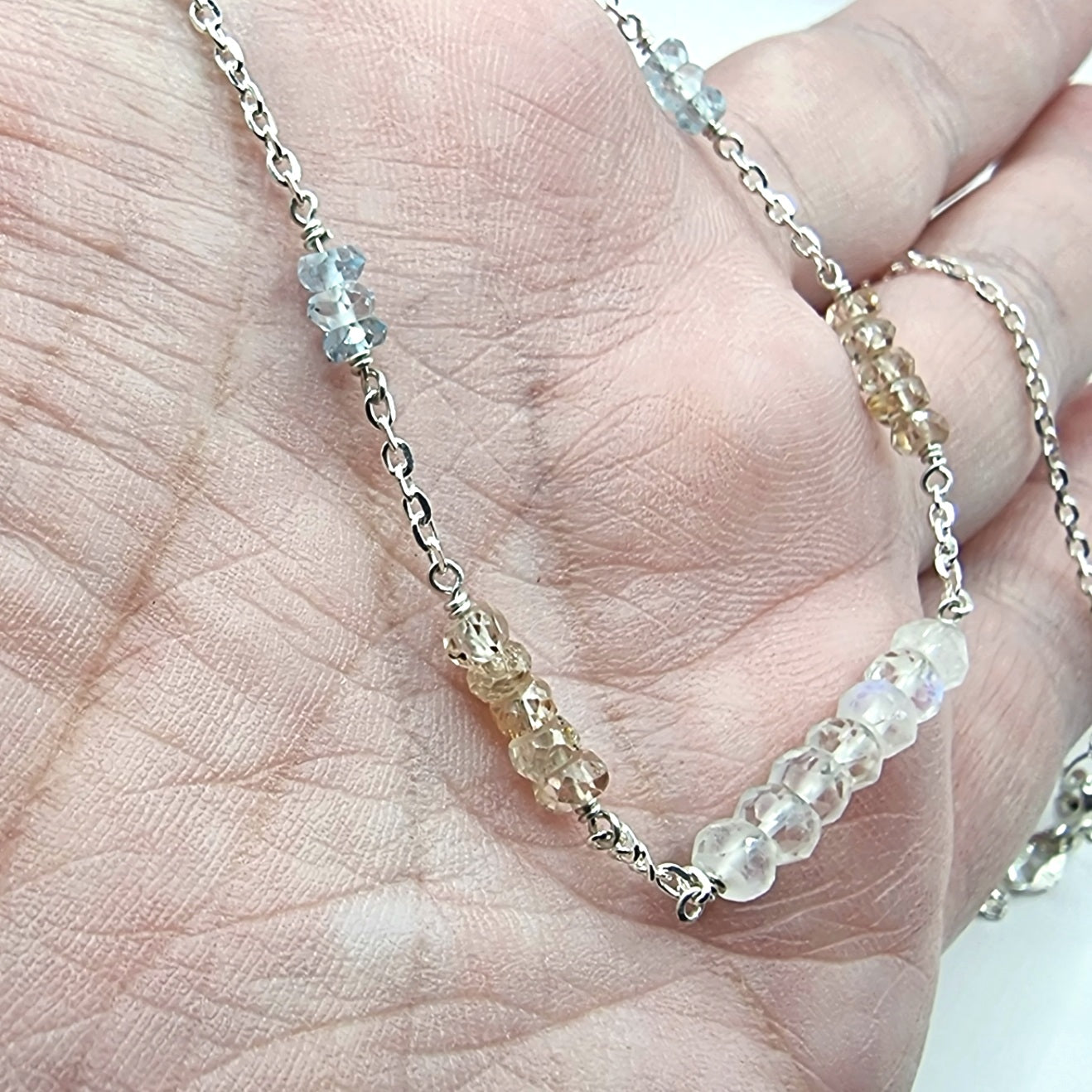 aquamarine, zircon and moonstone sterling silver chain necklace