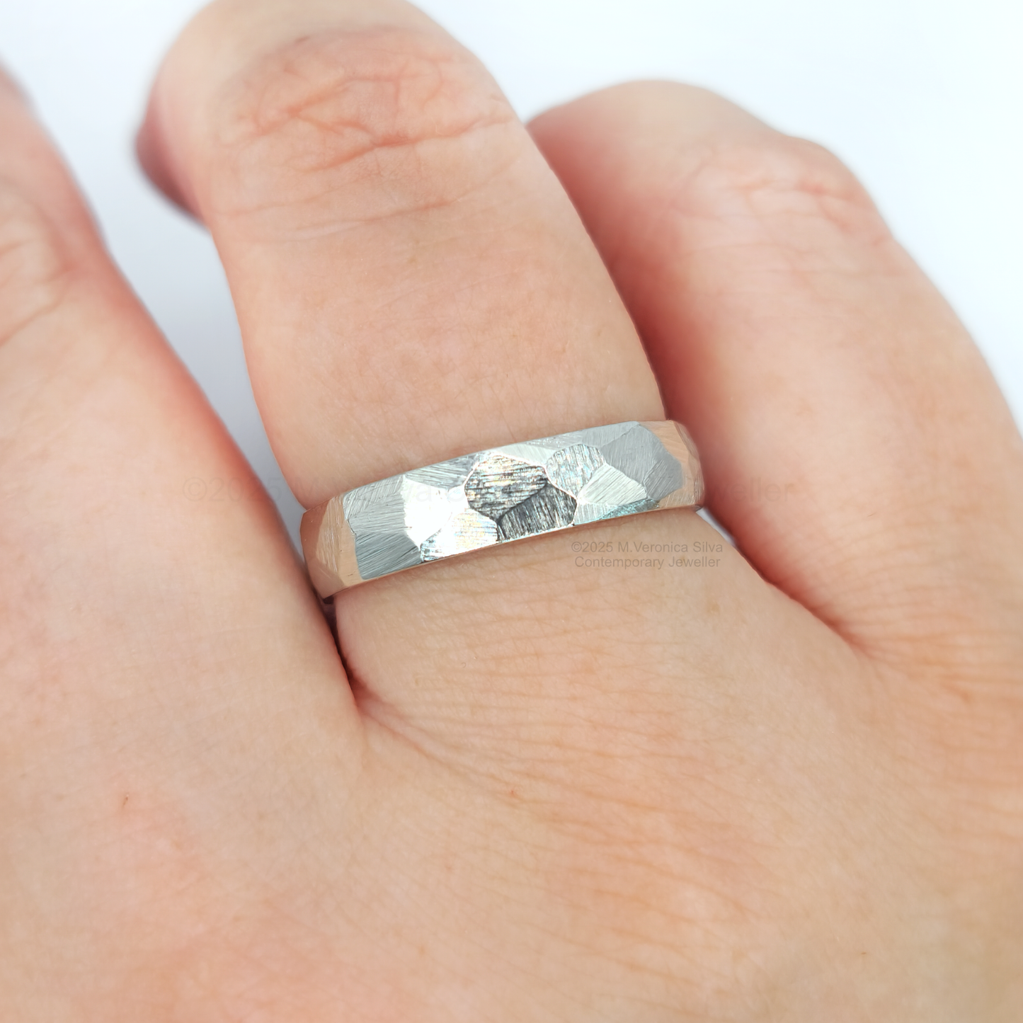 "Rock Face" Textured Facets Wedding Ring