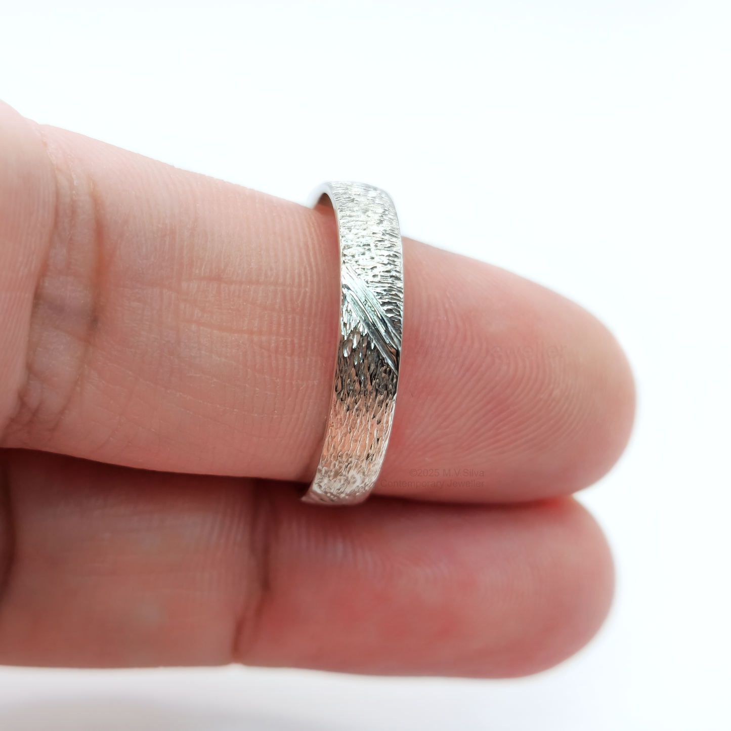 "Tree Lines" Hand Engraved Bark Textured Wedding Ring