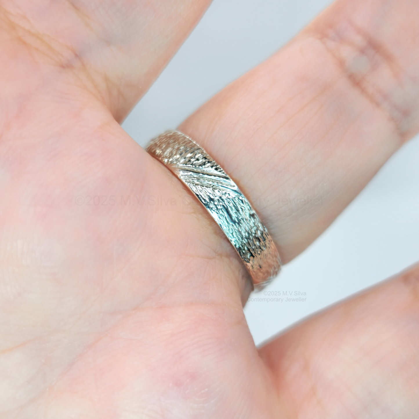 "Tree Lines" Hand Engraved Bark Textured Wedding Ring