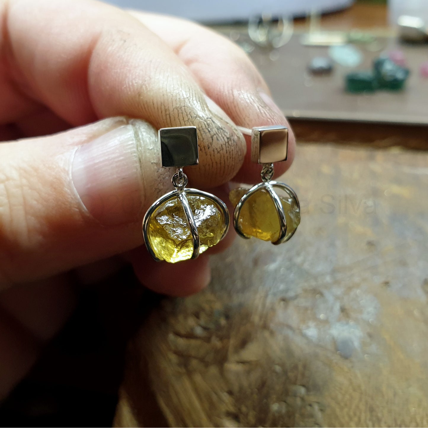 "Sunset" Earrings - Raw Golden Apatite Crystal Drop Studs