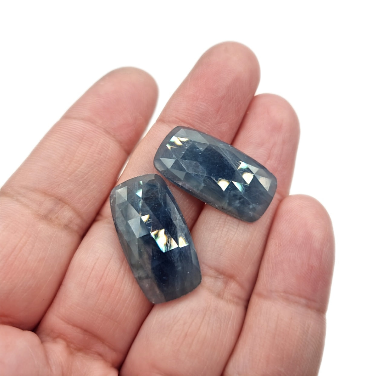 34.55ct Rectange Rose Cut Sapphire Cabochon Pair in Opaque Blue