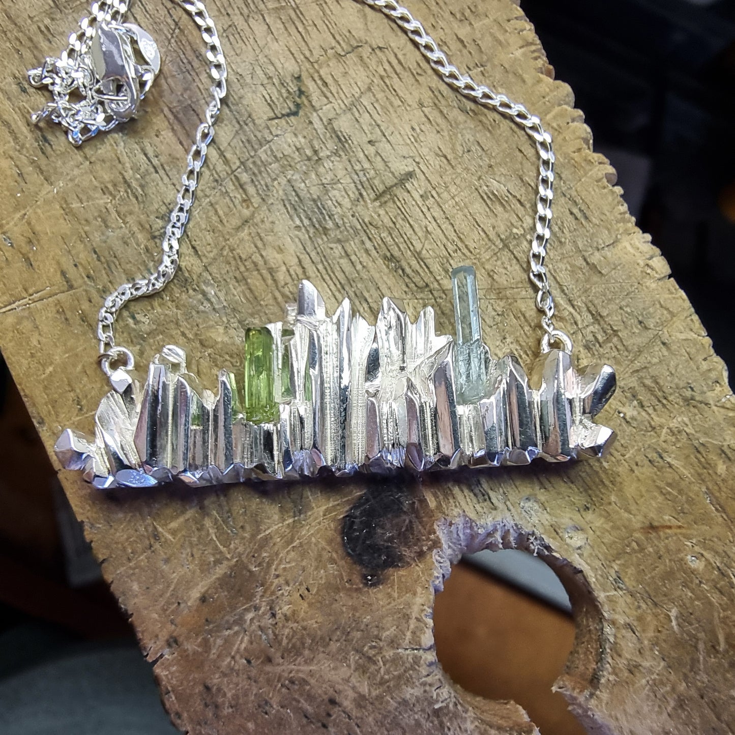 "Columnar" Sterling Silver and Rough Crystal Pendant