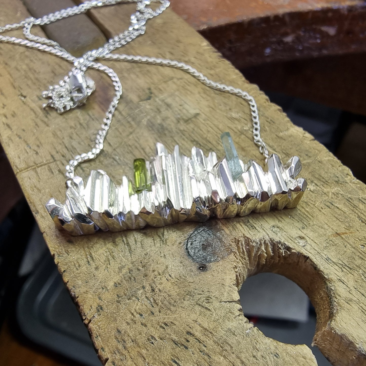 "Columnar" Sterling Silver and Rough Crystal Pendant