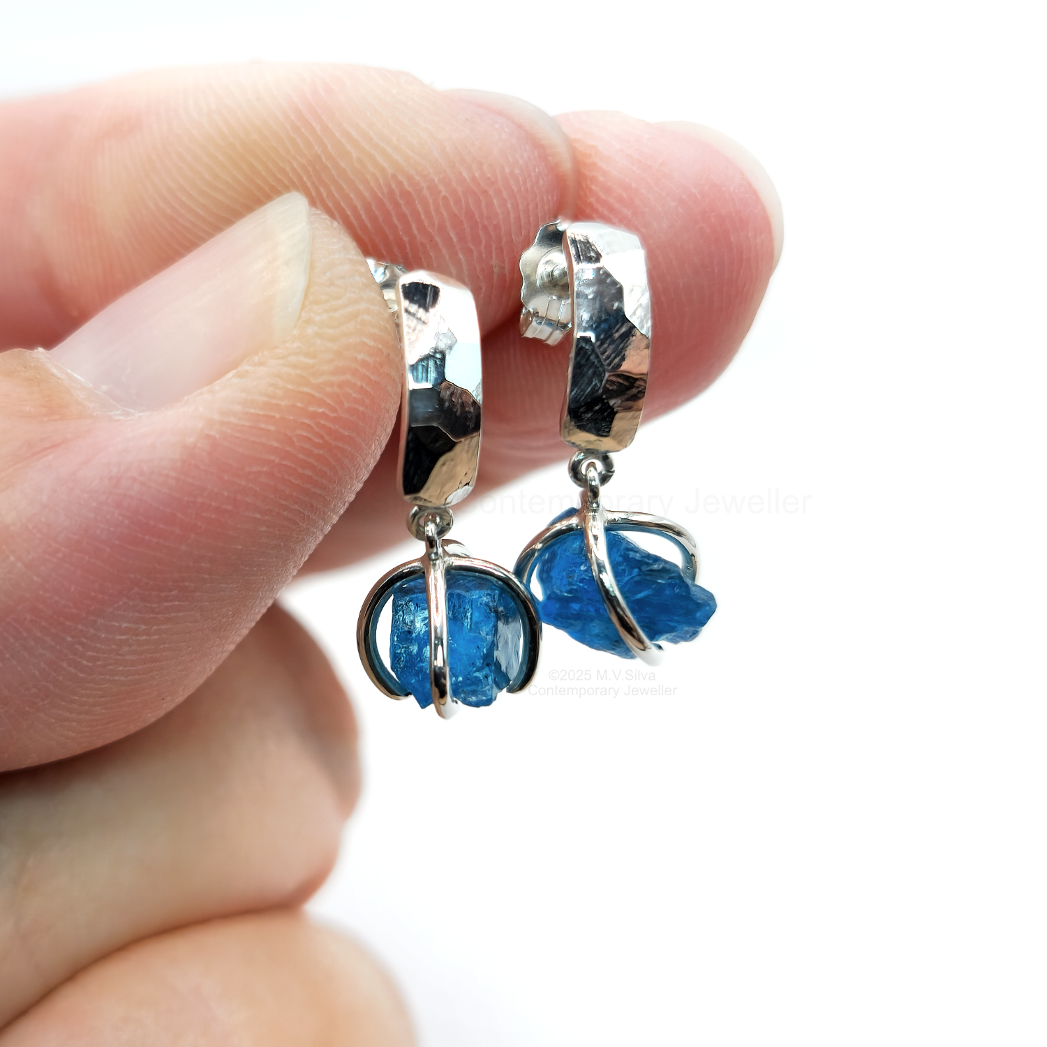 neon blue apatite and sterling silver dangle earrings