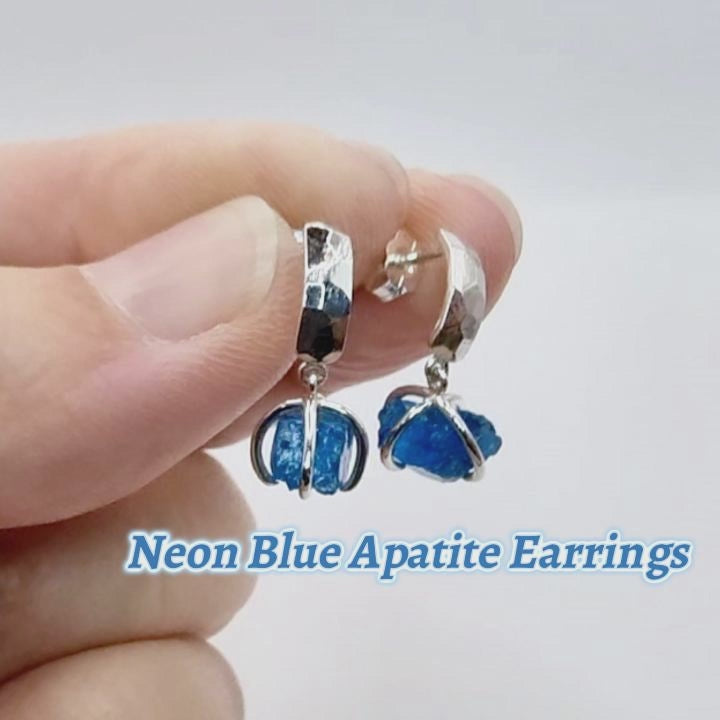 neon blue apatite and sterling silver dangle earrings, video