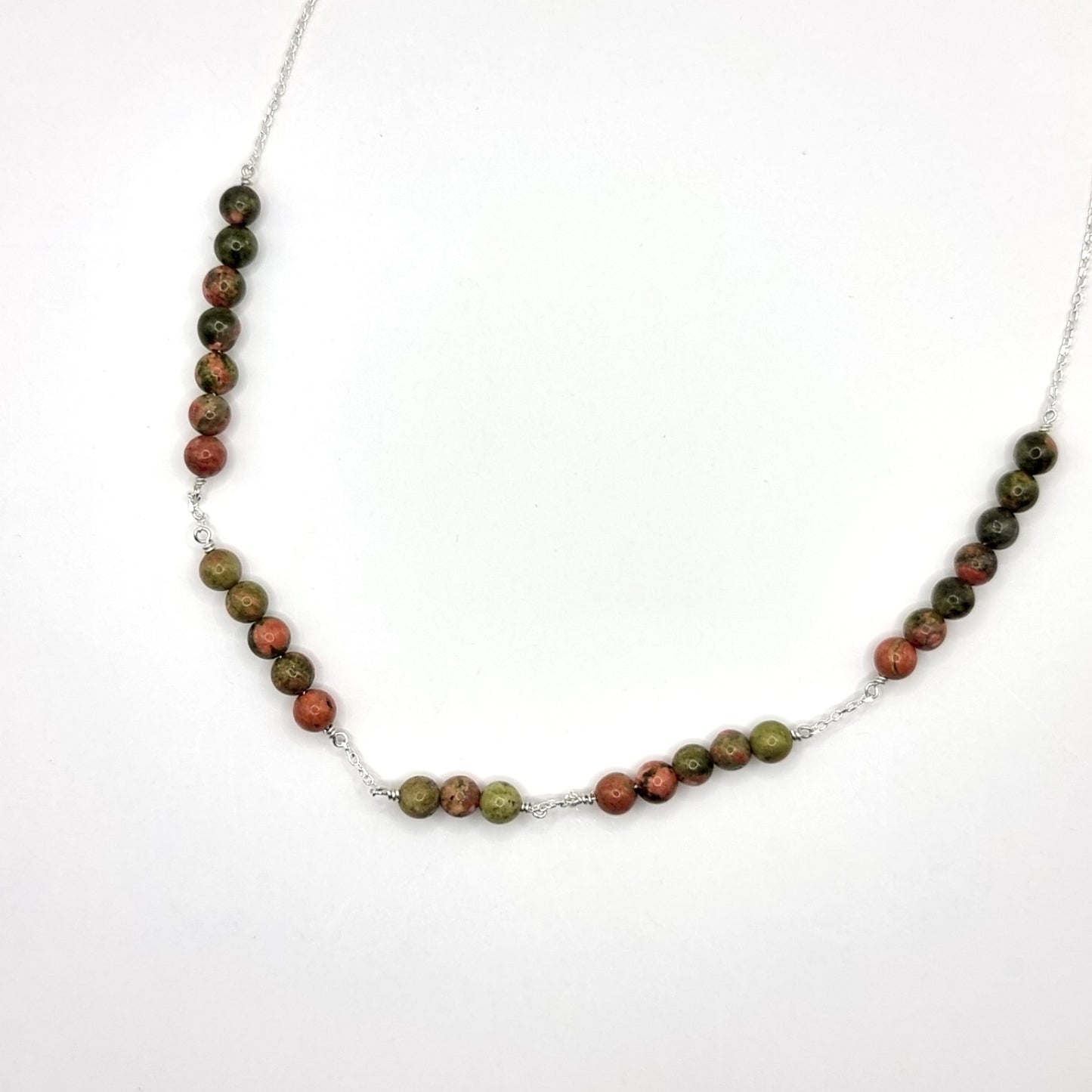 Unique Unakite Green and Pink Bead and Chain Necklace