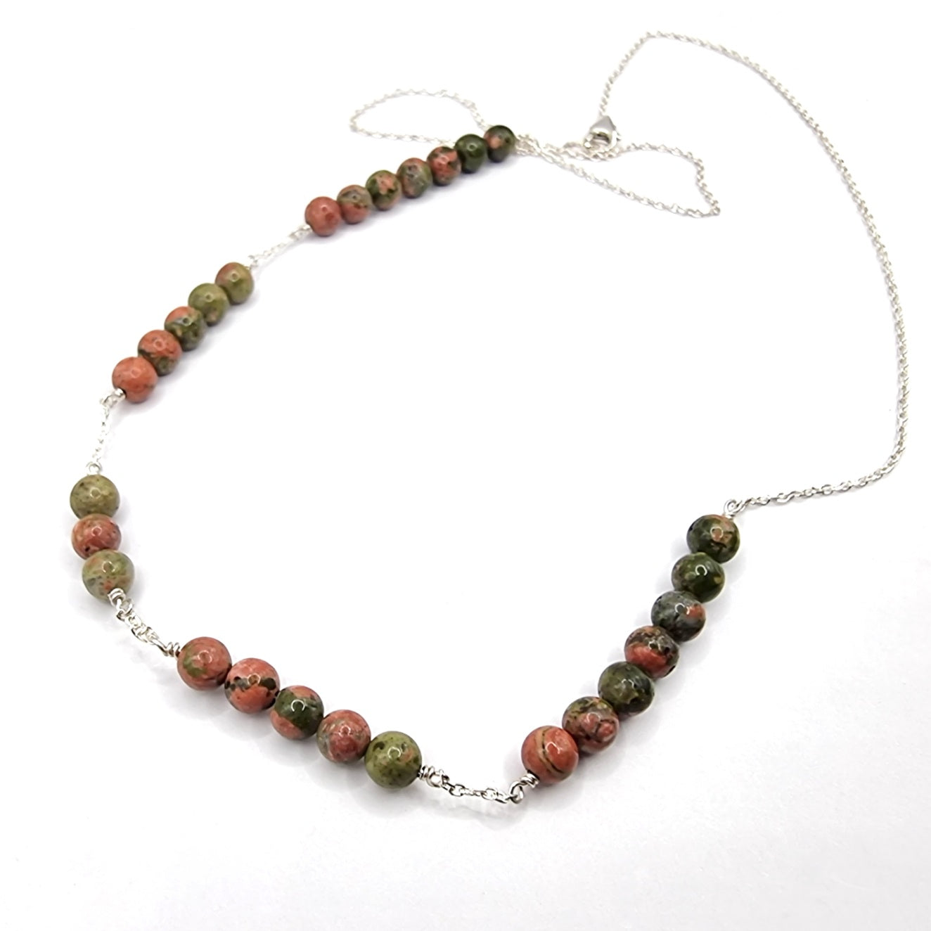 Unique Unakite Green and Pink Bead and Chain Necklace