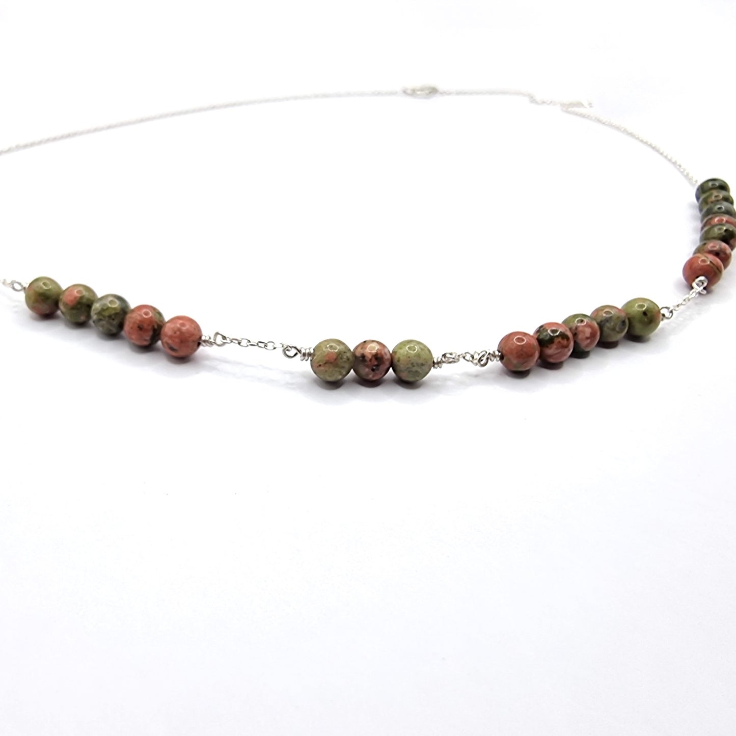 Unique Unakite Green and Pink Bead and Chain Necklace