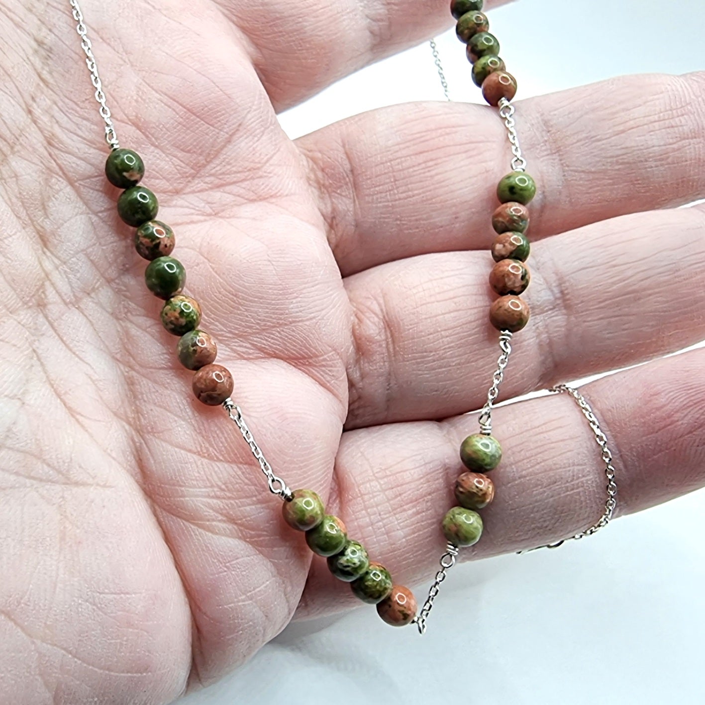 Unique Unakite Green and Pink Bead and Chain Necklace