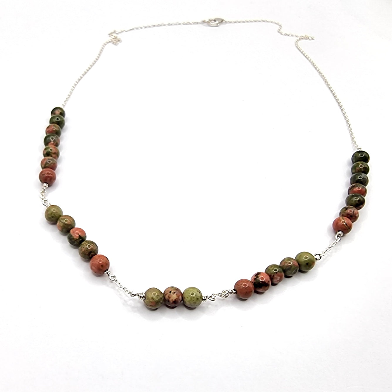 Unique Unakite Green and Pink Bead and Chain Necklace